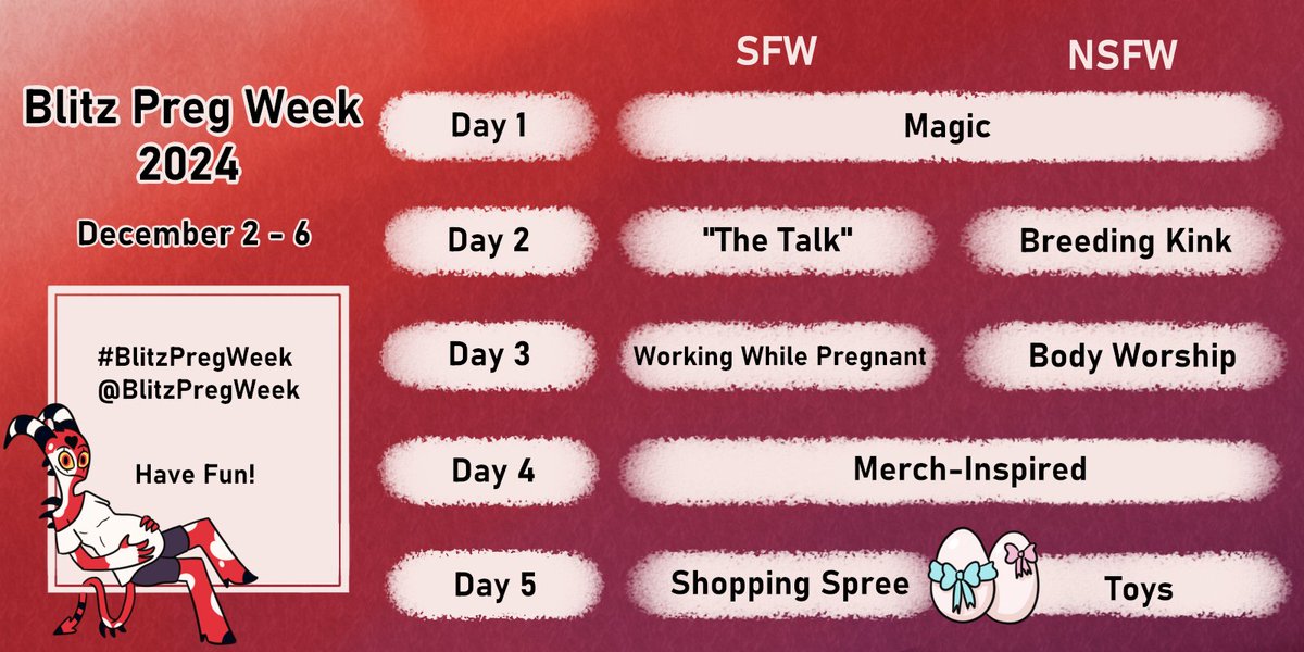 BlitzPregWeek's tweet image. Blitz Preg Week is back for 2024, with a whole new list of prompts!!

From December 2-6 it&apos;s time for all things Blitz and pregnancy related, so be sure to tag us and use #blitzpregweek when you post your creations!