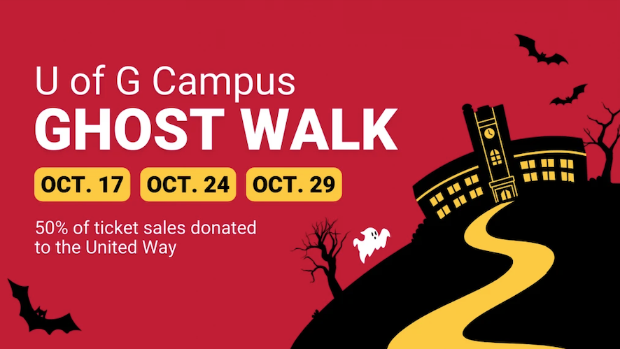 Ever get the feeling that #UofG's campus is haunted? Join the Ghost Walk of Guelph and find out! 👻 

You won't want to miss this spooky activity! Buy your tickets today:bit.ly/47VxoQb
