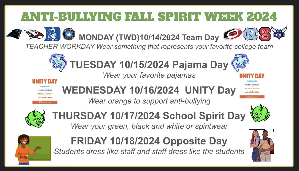 Ms. Roseberry Math (@roseberrymath) on Twitter photo Don’t forget that <a href="/westcaryimps/">West Cary Imps</a> Bullying Awareness Spirit Week will be next week! See the flyer for more information about each day. We encourage your child to participate! I will be as well. 😁💚🤍🖤🧡 Don’t forget that <a href="/westcaryimps/">West Cary Imps</a> Bullying Awareness Spirit Week will be next week! See the flyer for more information about each day. We encourage your child to participate! I will be as well. 😁💚🤍🖤🧡