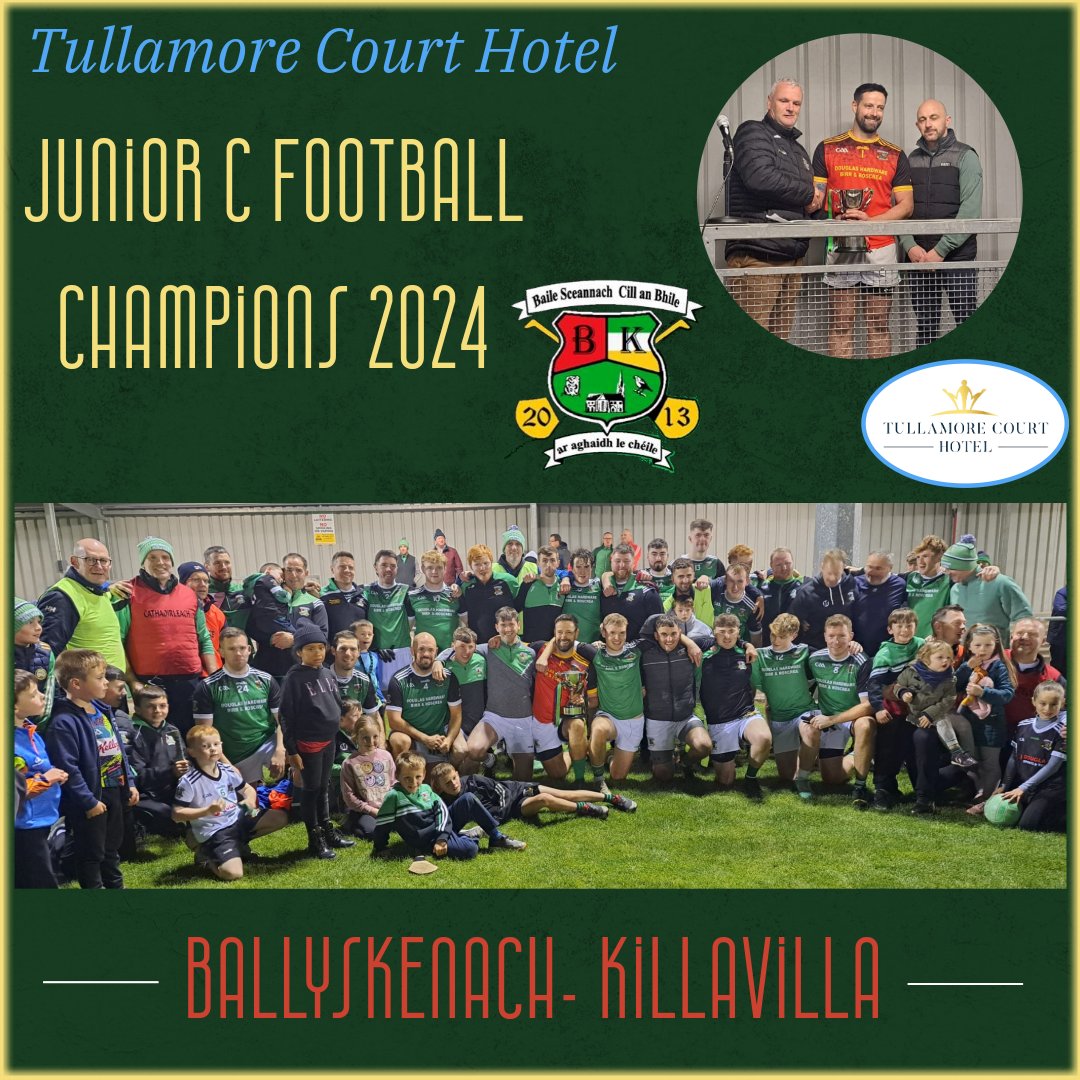Offaly_GAA's tweet photo. 𝙏𝙪𝙡𝙡𝙖𝙢𝙤𝙧𝙚 𝘾𝙤𝙪𝙧𝙩 𝙃𝙤𝙩𝙚𝙡 𝙅𝙪𝙣𝙞𝙤𝙧 𝘾 𝙁𝙤𝙤𝙩𝙗𝙖𝙡𝙡 𝘾𝙝𝙖𝙢𝙥𝙞𝙤𝙣𝙨 ⓶⓪⓶⓸

Comhghairdeas to @skenaghvillagaa, who have won the 2024 @Tullamore_Court Junior C Football Championship this evening in the Faithful Fields.

Offaly GAA operations manager John Hackett, along with Mark Sheerin from The Court Hotel, presented the cup to a delighted Kevin King the Ballyskenach/Killavilla captain.

Well done lads, a super win 🙌