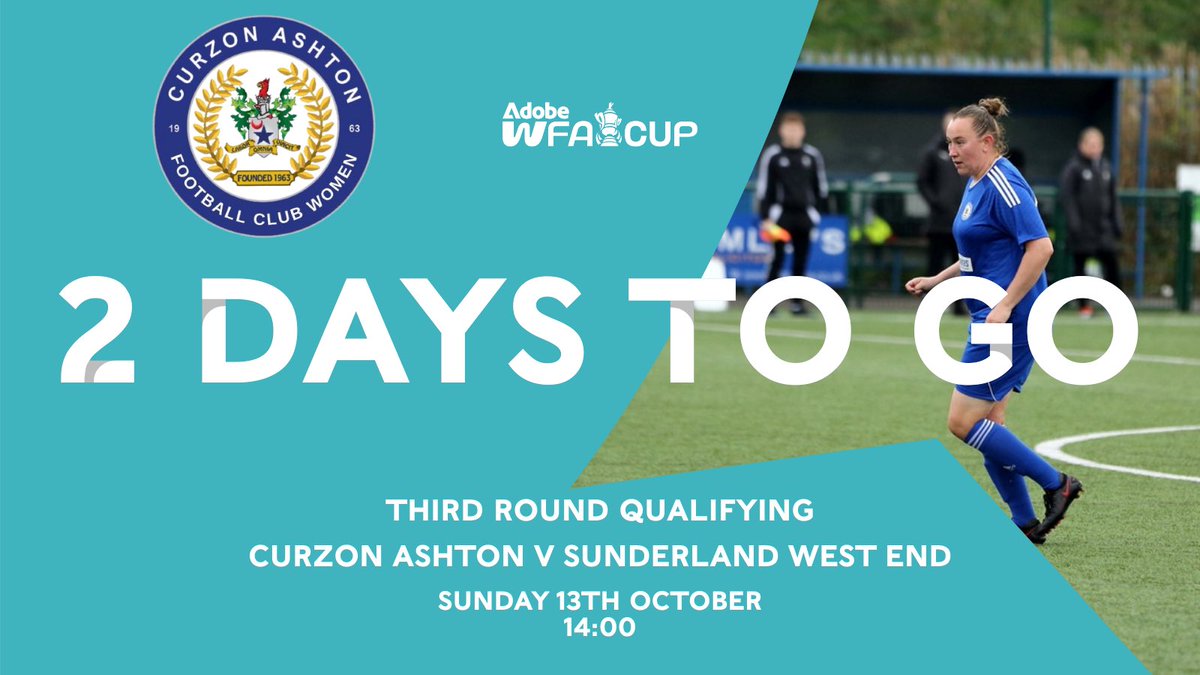 CurzonAshtonWFC's tweet photo. ✌🏼 𝐃𝐚𝐲𝐬..

🆚 @WestEnd_Ladies 
🏆 @AdobeWFACup
📅 Sunday 13th October 2024
⏲️ 14:00 KO
🏟️ The Tameside Stadium
🎟️ £5 Adults, FREE U16s

#UTN | #THENASHETTES https://t.co/1SI7qE7aQC