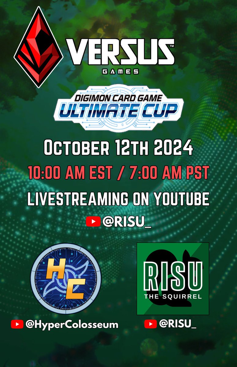 Hey folks! 

Join Risu <a href="/TreehouseRisu/">Risu The Squirrel</a> and HC’s very own Ben <a href="/UptheChels1905_/">Ben - Hyper Colosseum</a>  tomorrow for the Digimon TCG Online Ultimate Cup, hosted by Versus Games! 

Tournament starts at 9 AM CST, Oct 12th! Streaming at youtube.com/@risu_?si=8-rw…

See you there!