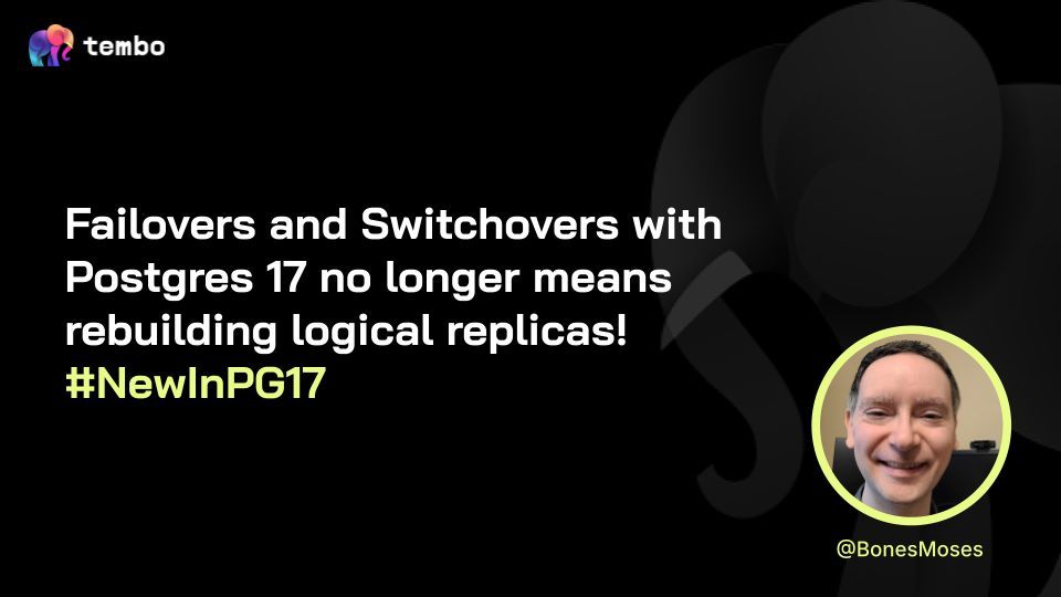 Tembo (@tembo_io) on Twitter photo Shaun Thomas (<a href="/BonesMoses/">Shaun Thomas</a>) went through the #PostgreSQL 17 release notes so you donât have to.
Whatâs new, you ask? Failovers and Switchovers with PostgreSQL 17 no longer means rebuilding logical replicas! To read more: postgresql.org/docs/17/logica⌠#NewInPG17 Shaun Thomas (<a href="/BonesMoses/">Shaun Thomas</a>) went through the #PostgreSQL 17 release notes so you donât have to.
Whatâs new, you ask? Failovers and Switchovers with PostgreSQL 17 no longer means rebuilding logical replicas! To read more: postgresql.org/docs/17/logica⌠#NewInPG17