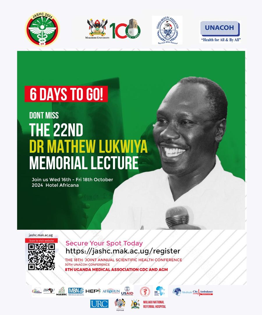 MakerereCHS's tweet image. The 22nd #DrMathewLukwiya Memorial Lecture
Join the #JASHC2024 Conference to commemorate the heroic Dr. Lukwiya.