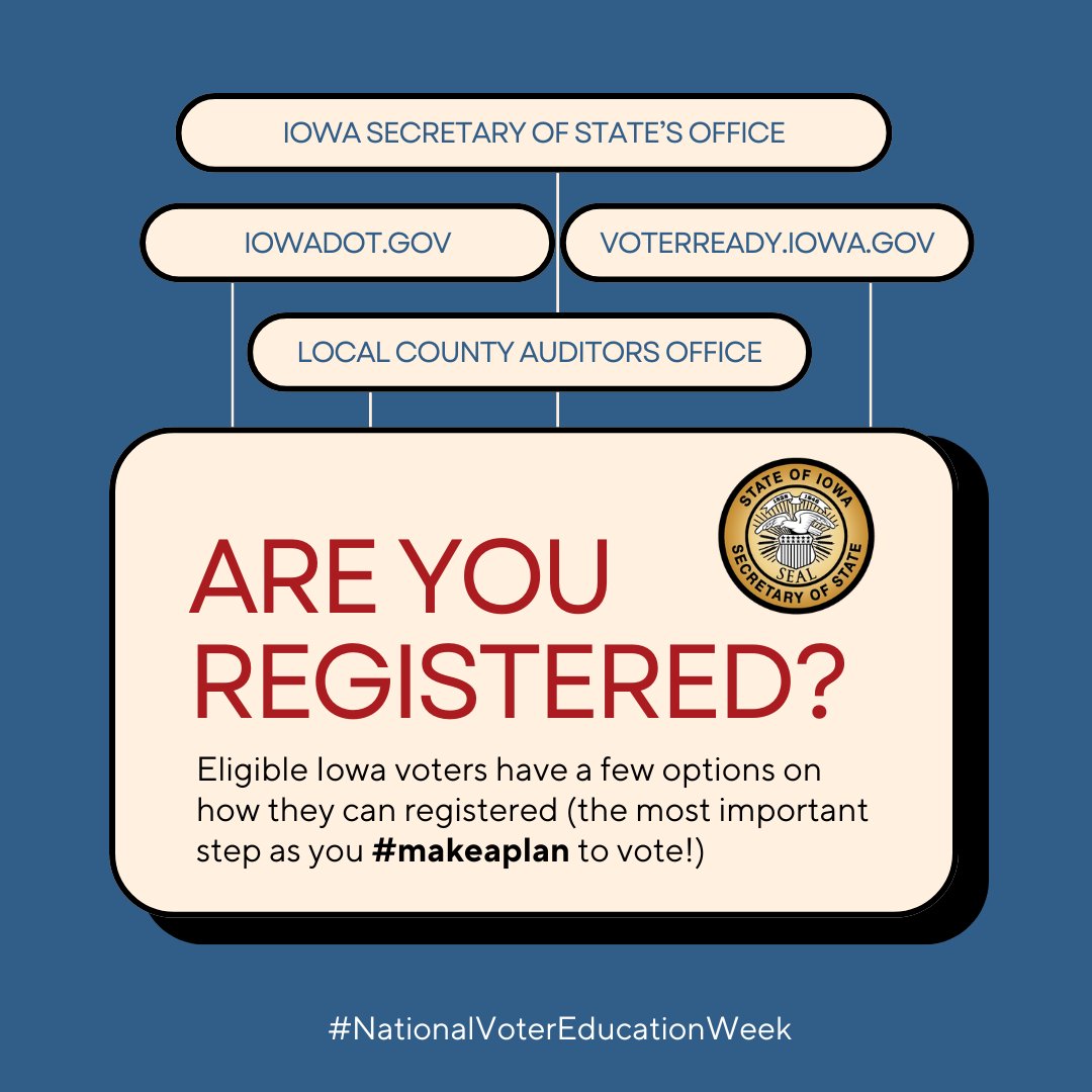 Did you know registering to vote is quick and simple? In less time than your morning coffee run, you can ensure your voice is heard in our next election.Ready to make it happen? #NationalVoterEducationWeek

Check your voter registration status at voterready.iowa.gov