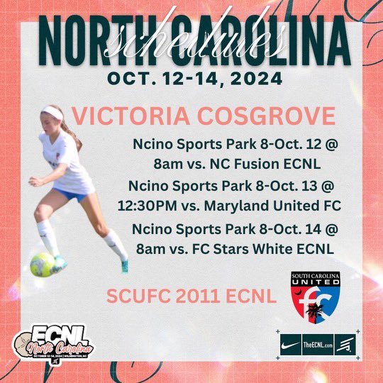 Victoria Cosgrove (@vic5cosgrove) on Twitter photo So excited for the North Carolina ECNL showcase this weekend!!!
<a href="/tikitakaklu/">Tomasz Kluszczynski 🇵🇱/🇺🇸</a>
<a href="/TannerOsborne27/">Tanner Osborne</a>
<a href="/ECNLgirls/">ECNL Girls</a>
<a href="/ECNLSoutheast/">ECNL Southeast Girls</a>
<a href="/SCUnited_FC/">SC United FC</a> So excited for the North Carolina ECNL showcase this weekend!!!
<a href="/tikitakaklu/">Tomasz Kluszczynski 🇵🇱/🇺🇸</a>
<a href="/TannerOsborne27/">Tanner Osborne</a>
<a href="/ECNLgirls/">ECNL Girls</a>
<a href="/ECNLSoutheast/">ECNL Southeast Girls</a>
<a href="/SCUnited_FC/">SC United FC</a>