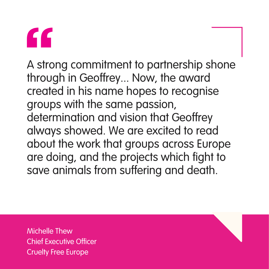 Are you a group working in Europe to #EndAnimalTesting?

Nominations are open for the Geoffrey Deckers Award 2025. The winner will receive 6,000 euros to fund a campaign, training programme, or outreach work that focuses on animal testing. Apply by 30 Nov: bit.ly/4gZOuAp