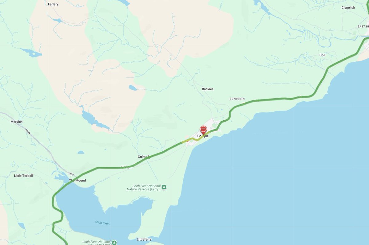 trafficscotland's tweet photo. NEW ❗⌚ 21:35

#A9 - Golspie 

⛔CLOSED⛔ in BOTH DIRECTIONS due to a collision. 

Please avoid the area, if possible. 

@NWTrunkRoads https://t.co/nrL4RzmTrS