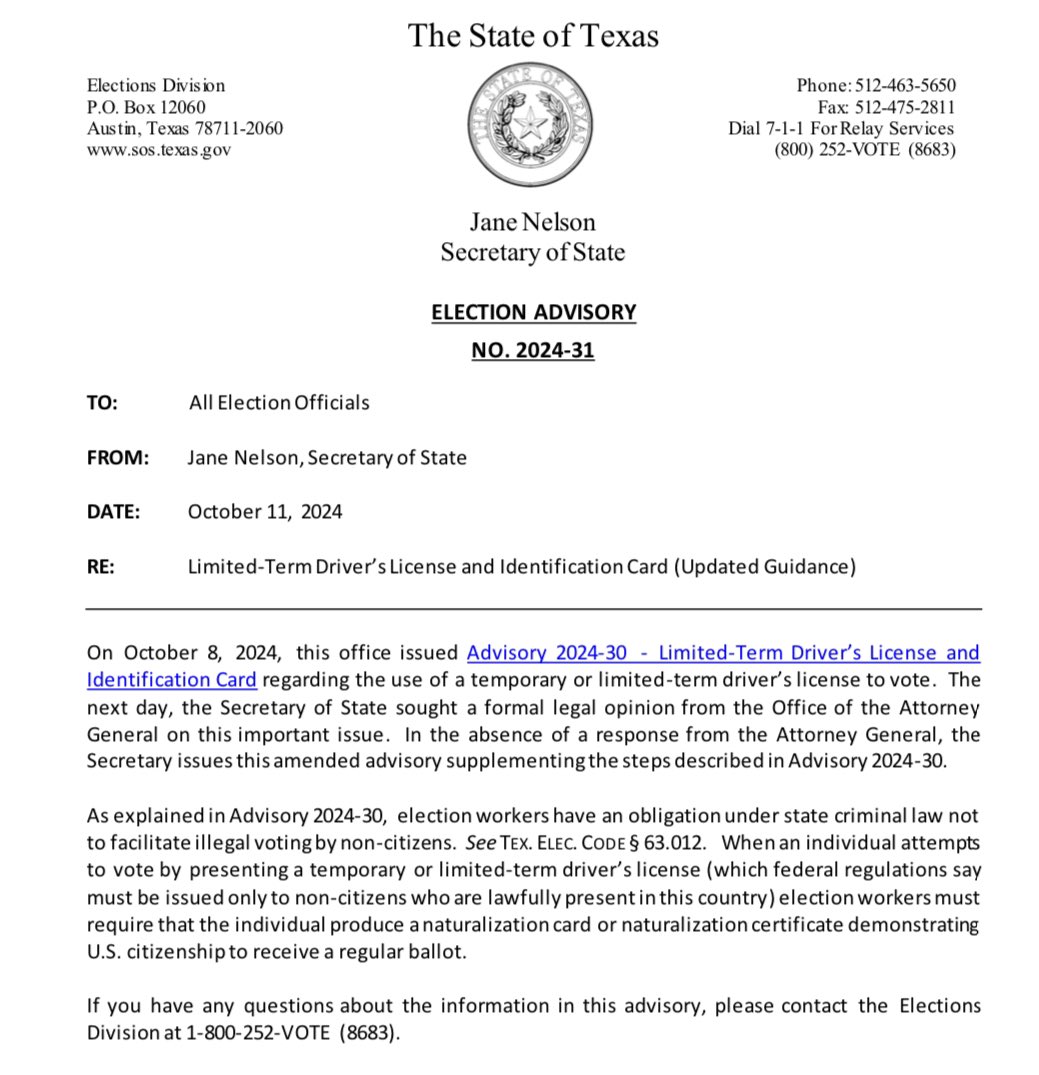 brianeharrison's tweet photo. 🚨BREAKING: the Secretary of State's office just updated their election advisory. 

Election workers must now require individuals with non-citizen driver licenses to also produce proof of citizenship to receive a regular ballot to vote.

Good.

Thank you, @SecJaneNelson.

#txlege https://t.co/E6rwRs1okK