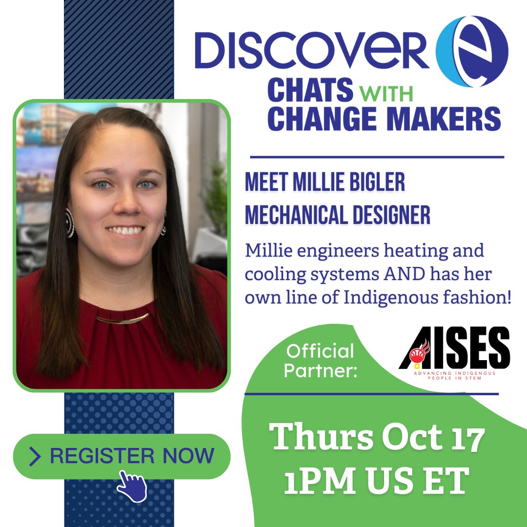 Come meet Millie, our October Change Maker! Join us for ✨student host✨ Enrique's chat with Meet Millie Bigler, a mechanical designer who engineers heating and cooling systems and has her own line of Indigenous fashion! bit.ly/3U0wr31
#ChatsWithChangeMakers <a href="/AISES/">AISES</a>