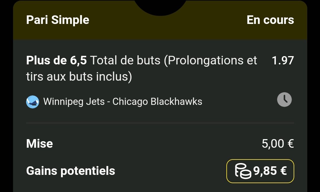 Mika_Pronos's tweet photo. Bankroll d'Octobre a Noël
Bet n°12
BK : 41,40€

#NHL 🏒🇺🇸
🏟️ Jets vs Blackhawks
➡️ Plus de 6.5 buts
⭐ Cote a 1.97
💰 Mise : 5€

On est en 3/3 sur la NHL on continue comme ça !!

Rt et ❤️ si tu suis

#TeamParieur https://t.co/mTdkJX925m