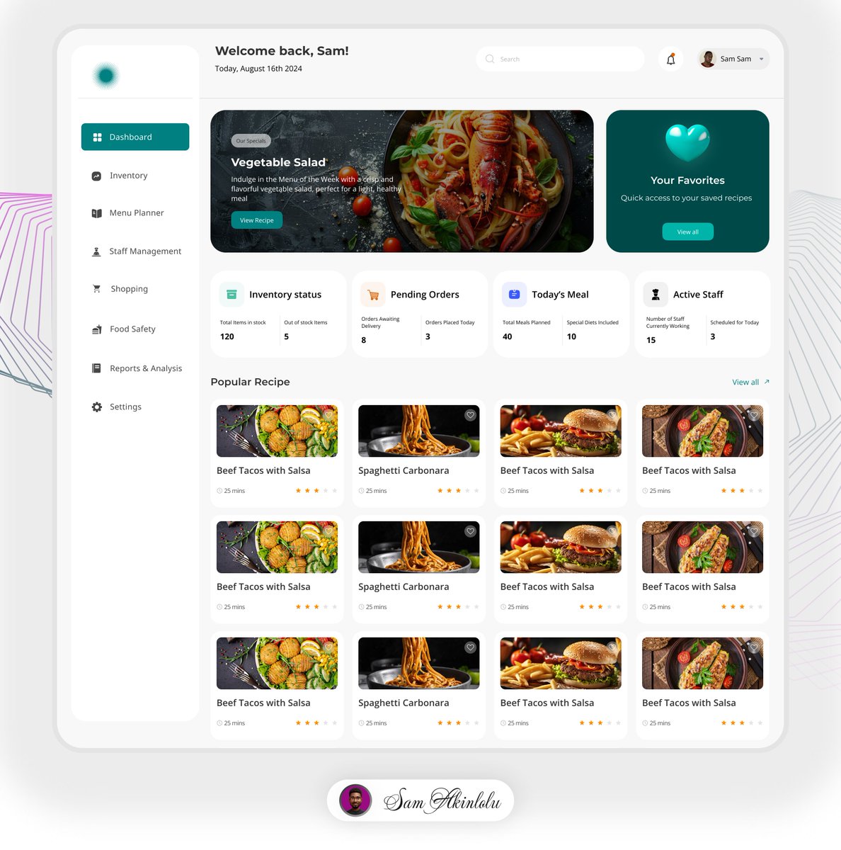samvicas's tweet photo. day 5 of my design challenge! 🍽️ check out the kitchen management system dashboard I designed. it’s all about keeping track of inventory, orders, meals, and staff in one place.

#UIDesign #UXDesign #DashboardDesign #KitchenManagement #DesignChallenge #DailyDesign #DesignCommunity https://t.co/O0UfuMbNGj