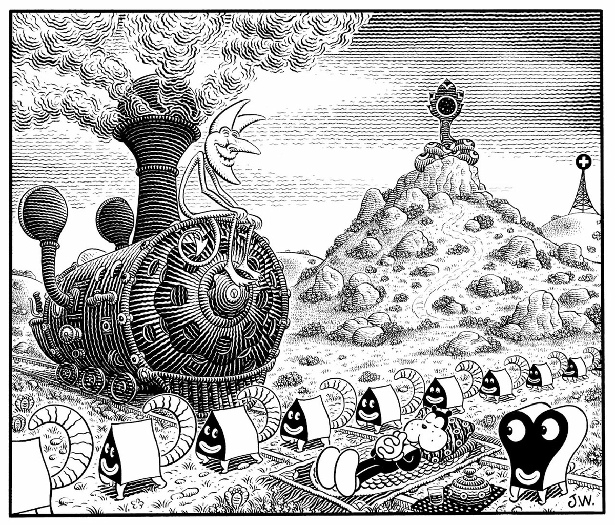 SFEncyclopedia's tweet photo. Artist Jim Woodring https://t.co/IR7DSWLiMR was born on this day, so here's some of his artwork. The 4th is from Paul Di Filippo's "Cosmocopia": https://t.co/fK0tKpdmA4