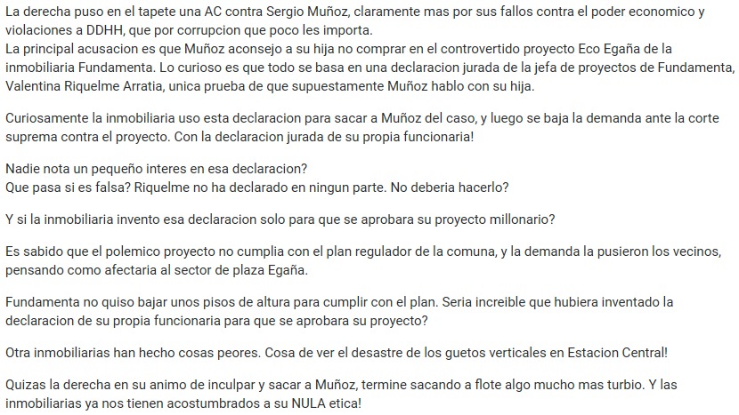 covalle1969's tweet image. Derecha con AC a Sergio Muñoz puso otro tema:
Lo acusan de aconsejar a hija no comprar en proyecto Eco Egaña de inmobiliaria Fundamenta, basado en declaracion  funcionaria de Fundamenta, Valentina Riquelme.
Fundamenta la uso para sacar a Muñoz del caso contra su proyecto!
Engaño?