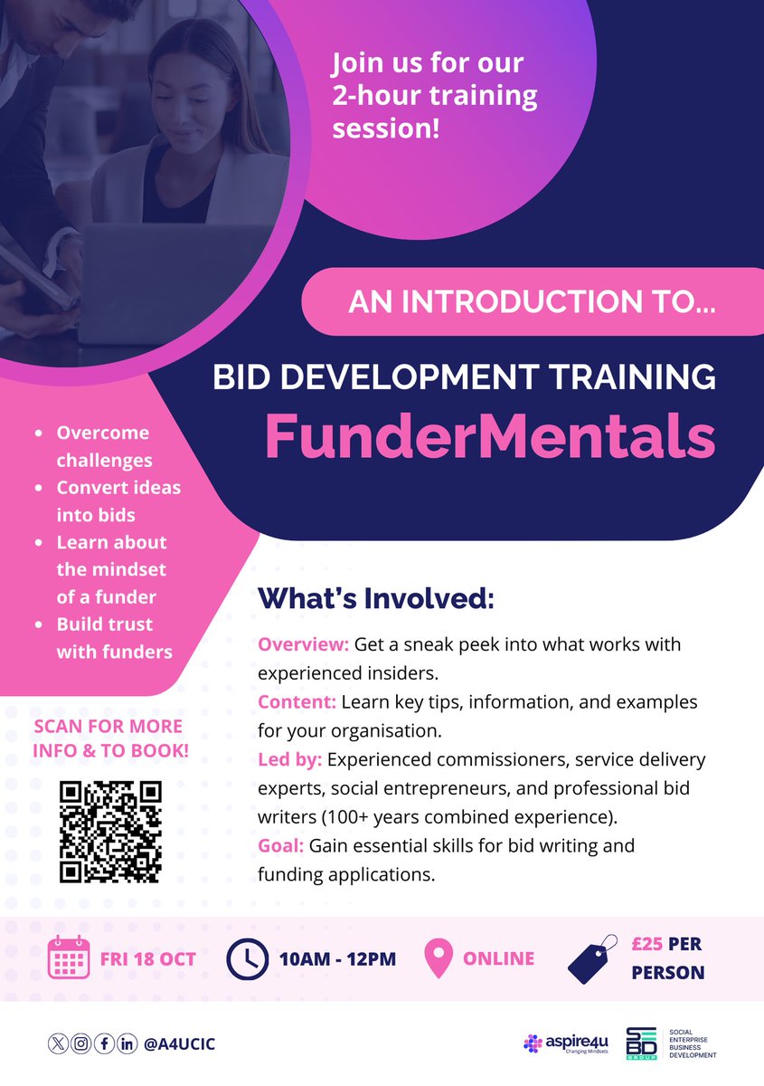 A4UCIC's tweet image. Struggling with grant applications? Missed our last FunderMentals sessions? Don’t worry, we're back on 18th Oct 2024!

Sign up via Eventbrite: bit.ly/3BsSYz6
Contact: hello@aspire4u.co.uk

#GrantWritingTips #SocialEnterprise #BidWriting #LeadershipDevelopment
