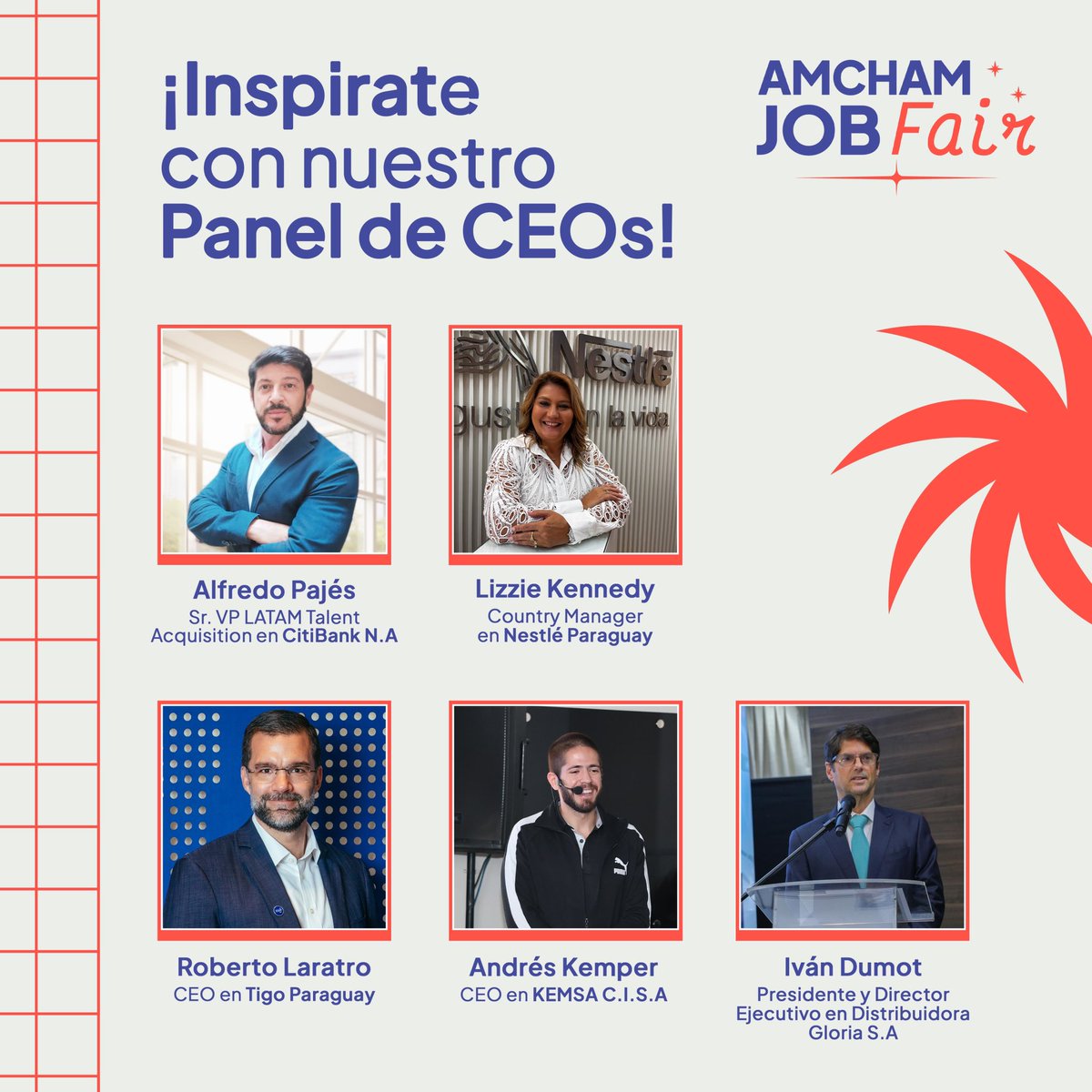 ¡Es tu oportunidad de aprender con los mejores!☺️

🙌🏼 En la AmCham Job Fair, CEOs de grandes empresas nacionales y multinacionales compartirán su experiencia y consejos para tu crecimiento profesional, ¡no te lo podés perder!🌟