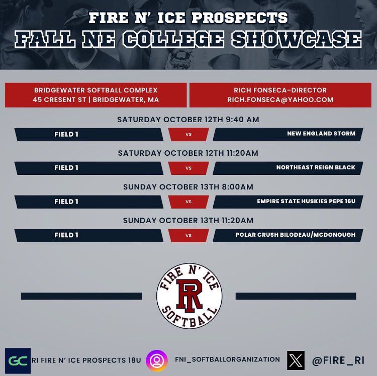 Maura McEvoy (@maura_mcevoy26) on Twitter photo My team's schedule for the NE Fall College Showcase this weekend. Very much looking forward to playing with everyone! <a href="/Coach_Chris23/">Chris Finona</a> @Rich_Fonseca12 <a href="/fire_ri/">RI Fire N’ Ice Softball</a> <a href="/clarkusoftballl/">Clark University Softball</a> <a href="/jwupvdsoftball/">JWU Softball</a> <a href="/FramStSB/">Framingham State Softball</a> My team's schedule for the NE Fall College Showcase this weekend. Very much looking forward to playing with everyone! <a href="/Coach_Chris23/">Chris Finona</a> @Rich_Fonseca12 <a href="/fire_ri/">RI Fire N’ Ice Softball</a> <a href="/clarkusoftballl/">Clark University Softball</a> <a href="/jwupvdsoftball/">JWU Softball</a> <a href="/FramStSB/">Framingham State Softball</a>