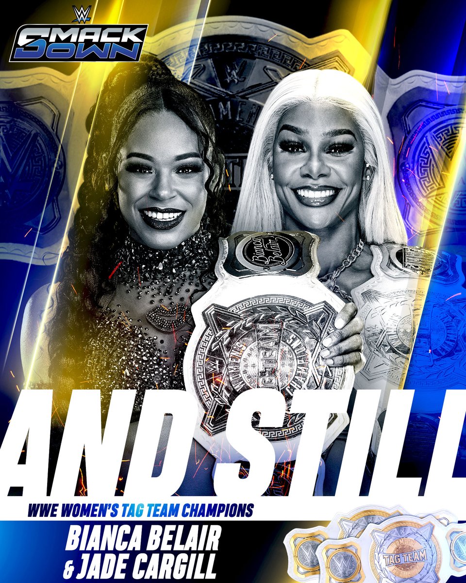 WWE's tweet image. .@BiancaBelairWWE and @Jade_Cargill are STILL your WWE Women's Tag Team Champions! 💪

#SmackDown