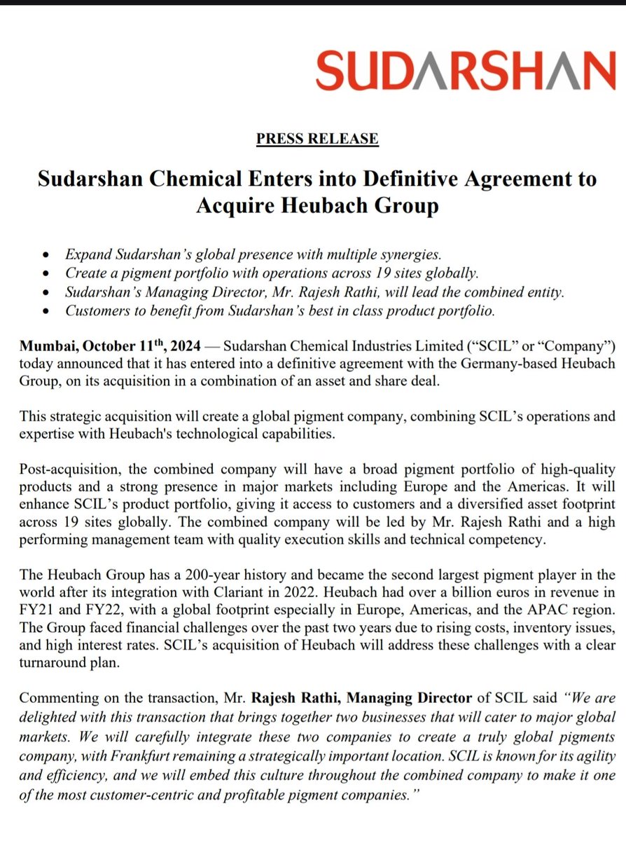 aditya942000's tweet image. #Sudarshan Chemicals 🧪

The giant awakening!!

Acq. HEUBACH group for €127.5 mn (Rs.1174crs) 🤯

🌍19 sites globally 

They will easily become no.1 pigment player in the world.