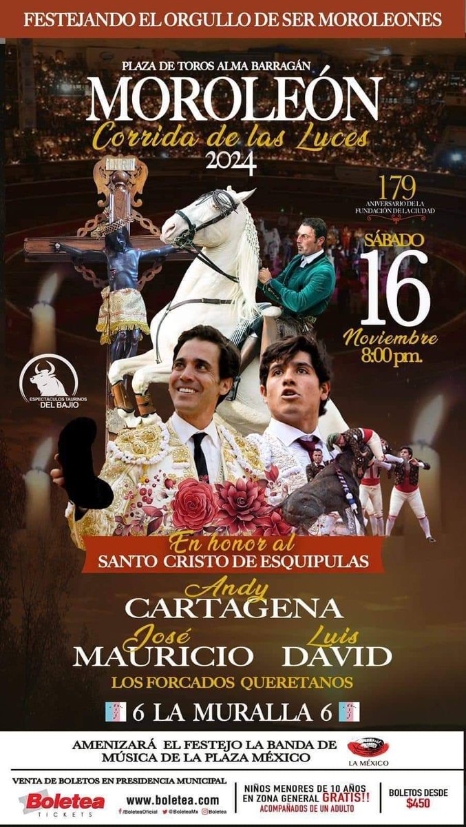 Con mucho gusto les anunciamos que estaremos lidiando el próximo 16 de noviembre, en punto de las 8:00pm en la Corrida de las Luces en Moroleon, Gto, donde actuará el rejoneador Andy Cartagena, José Mauricio y Luis David.

Los esperamos!