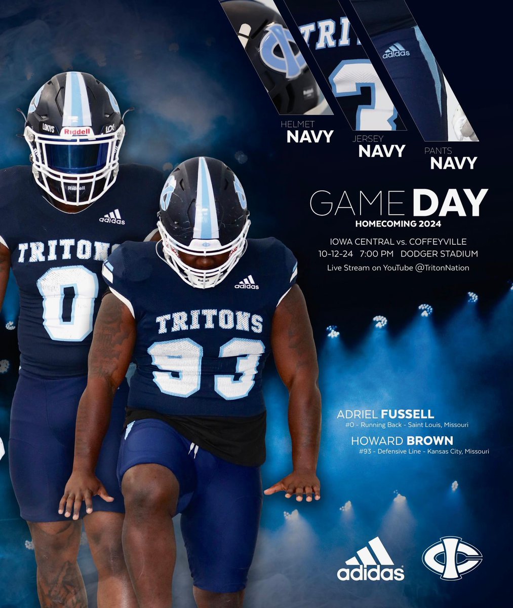 IowaCentral's tweet photo. It's all #TritonBlue! @TritonNation is under the lights on Saturday for a Homecoming matchup with Coffeyville! Kickoff is set for 7:00 PM at Dodger Stadium! 🔱 #TritonNation #TritonsStandTall #UniformReveal #ThreeStripe 

Can't make it to the stadium? 🔗 https://t.co/NGxRZmez9u https://t.co/gGWNHhFKgG