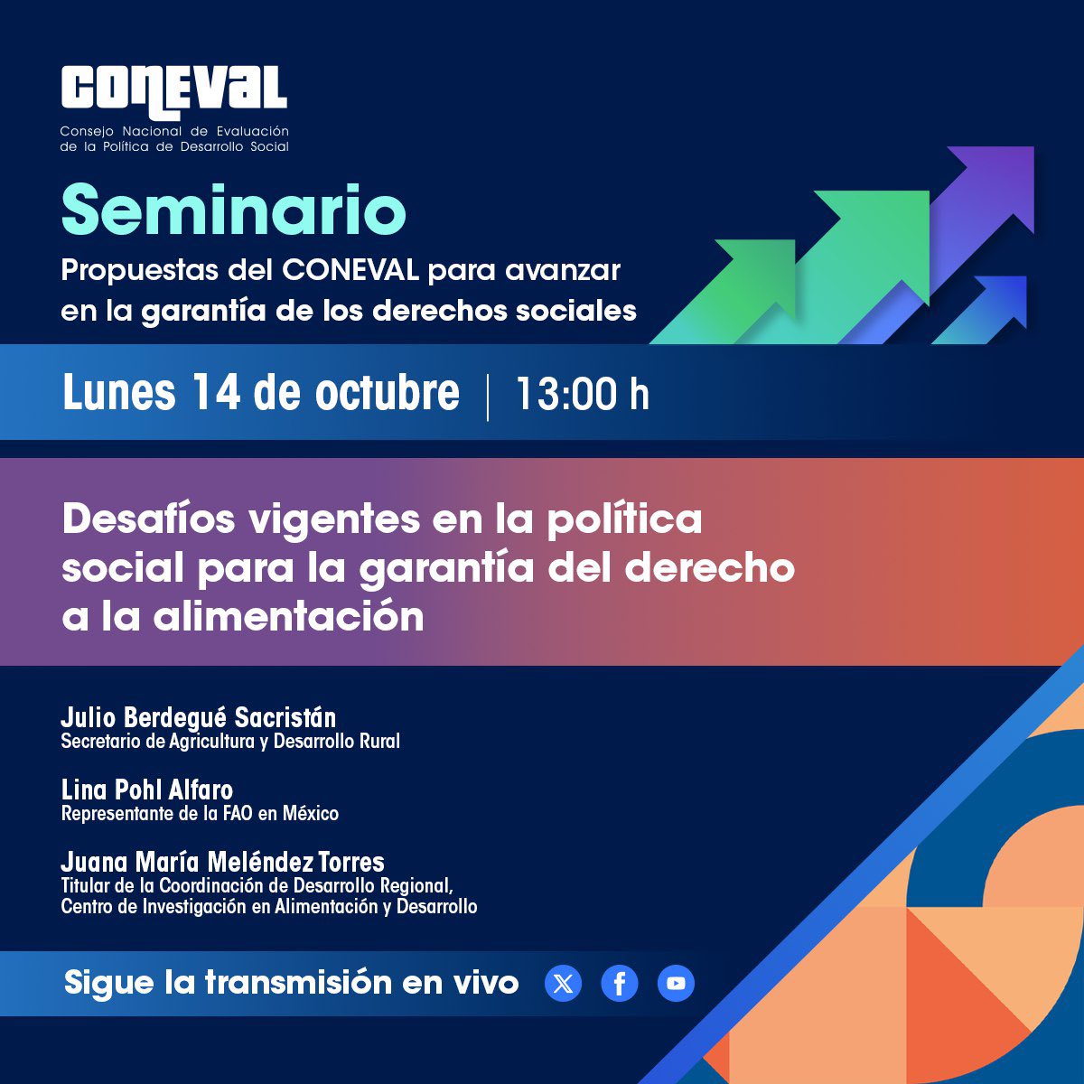 Forma parte del Seminario del <a href="/coneval/">CONEVAL</a>: "Desafíos vigentes en la política social para la garantía del derecho a la alimentación", con la participación del Secretario <a href="/JulioBerdegue/">Julio Berdegué</a>.

🗓️Lunes 14 de octubre
🕙13:00 h 
▶️Transmisión en vivo en las redes sociales del CONEVAL.
