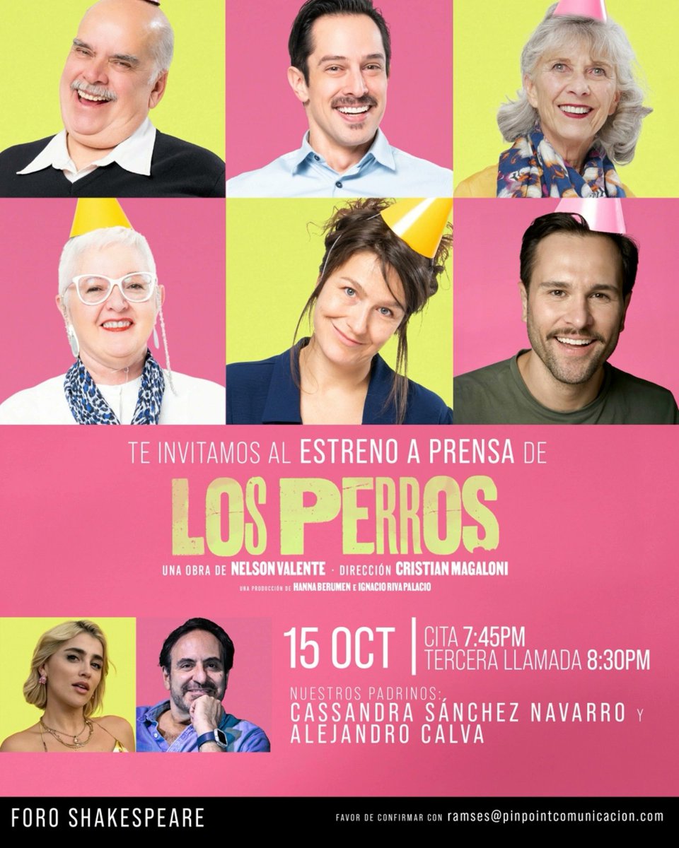 Estreno de #LosPerros. Con una madrina y un padrino DE LUJO! #CassandraSánchezNavarro y #AlejandroCalva juntos en un escenario otra vez. 

🗓️Martes 15 de octubre
📍FORO SHAKESPEARE
🕓8:30 PM
🎟️En taquilla y en la Bio.

"Aquí no ladramos, aquí mordemos con la verdad".