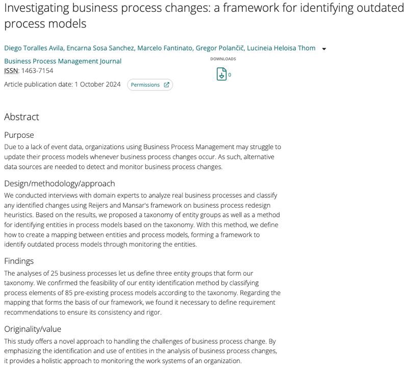 🚨 Our article "Investigating business Process changes: a framework for identifying outdated process models" is available online emerald.com/insight/conten…
Congrats to my former PhD student Diego Toralles Avila and thanks for the collaboration <a href="/encarnasosa/">Encarna Sosa Sánchez</a>, <a href="/MarcFantinato/">Marcelo Fantinato</a>, <a href="/grepol/">Gregor Polančič</a>
