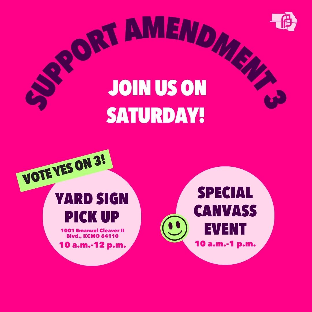 Pick up your Vote YES on 3 yard signs and join us for a special canvass event supporting Amendment 3 and Prop A!

📍 Yard signs available at 1001 Emanuel Cleaver II Blvd., Kansas City, MO 64110
🗓 Canvass event: sign up mobilize.us/mfcf/event/696…