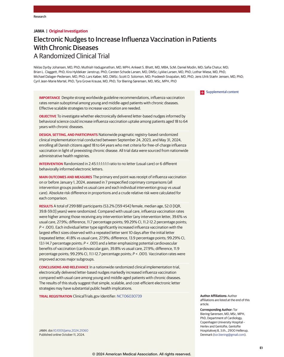 Muthu Vaduganathan (@mvaduganathan) on Twitter photo A remarkable set of nationwide #ImpSci RCTs by <a href="/niklasdj1/">Niklas Dyrby Johansen</a> & <a href="/TorBiering/">Tor Biering-Sørensen, MD, MSc, MPH, PhD</a> informing public health messaging to ↑ influenza 💉 at scale!
#NUDGEFLU <a href="/TheLancet/">The Lancet</a>: Initial implementation
#NUDGEFLU2 <a href="/NatureMedicine/">Nature Medicine</a>: Sustained implementation
#NUDGEFLUCHRONIC <a href="/JAMA_current/">JAMA</a>: Younger adults A remarkable set of nationwide #ImpSci RCTs by <a href="/niklasdj1/">Niklas Dyrby Johansen</a> & <a href="/TorBiering/">Tor Biering-Sørensen, MD, MSc, MPH, PhD</a> informing public health messaging to ↑ influenza 💉 at scale!
#NUDGEFLU <a href="/TheLancet/">The Lancet</a>: Initial implementation
#NUDGEFLU2 <a href="/NatureMedicine/">Nature Medicine</a>: Sustained implementation
#NUDGEFLUCHRONIC <a href="/JAMA_current/">JAMA</a>: Younger adults