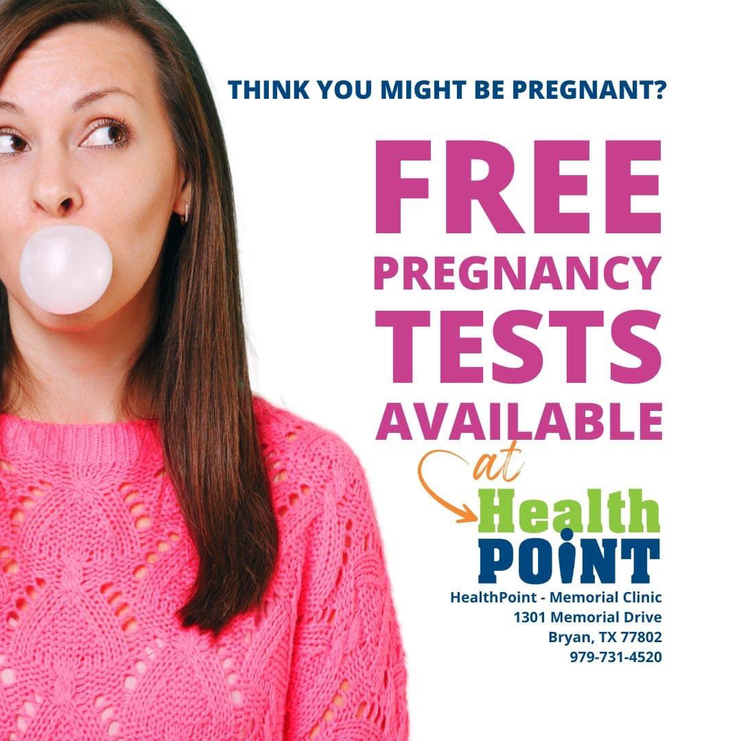 Think you might be pregnant? 

Visit HealthPoint-Memorial in Bryan for FREE pregnancy tests to find out. Walk-ins welcome!

To schedule an appointment with one of our outstanding women's health providers, visit our website at healthpoint-tx.com or call your local clinic.