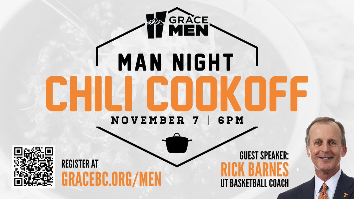 Grace Baptist Church (@mygracebc) on Twitter photo Join us for our Man Night: Chili Cook-Off with guest speaker UT basketball coach Rick Barnes.
This is a FREE event for all men in the community. Register now at gracecomm.wufoo.com/forms/x6n0w971… <a href="/RickBarnesUT/">Rick Barnes</a> <a href="/UTKnoxville/">UT Knoxville</a> <a href="/Vol_Hoops/">Tennessee Basketball</a> #knoxville #basketball Join us for our Man Night: Chili Cook-Off with guest speaker UT basketball coach Rick Barnes.
This is a FREE event for all men in the community. Register now at gracecomm.wufoo.com/forms/x6n0w971… <a href="/RickBarnesUT/">Rick Barnes</a> <a href="/UTKnoxville/">UT Knoxville</a> <a href="/Vol_Hoops/">Tennessee Basketball</a> #knoxville #basketball