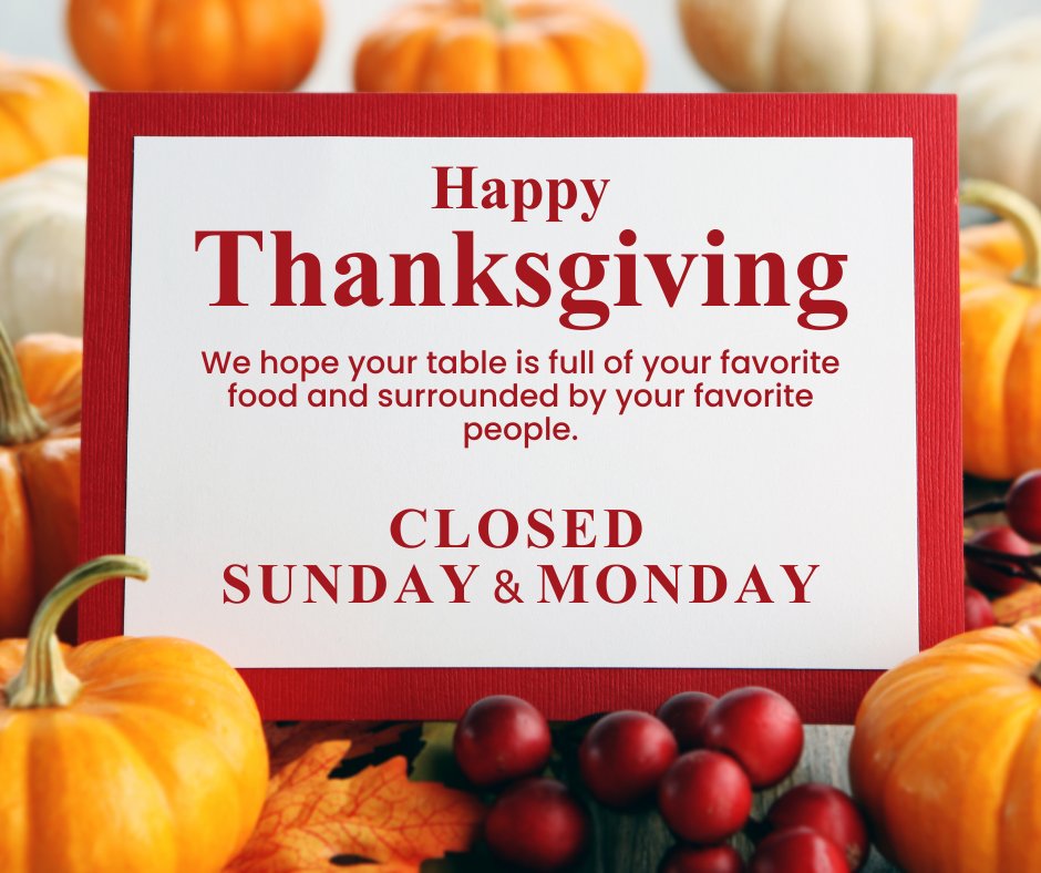 Thats_Italian's tweet photo. That's Italian Ristorante will be CLOSED on Sunday &amp; Monday for Thanksgiving so our staff can enjoy some well-deserved family time. We hope you have a wonderful holiday surrounded by loved ones. See you back on Tuesday for some delicious Italian food! 🦃🍁🍂 https://t.co/lZcXjJicS4
