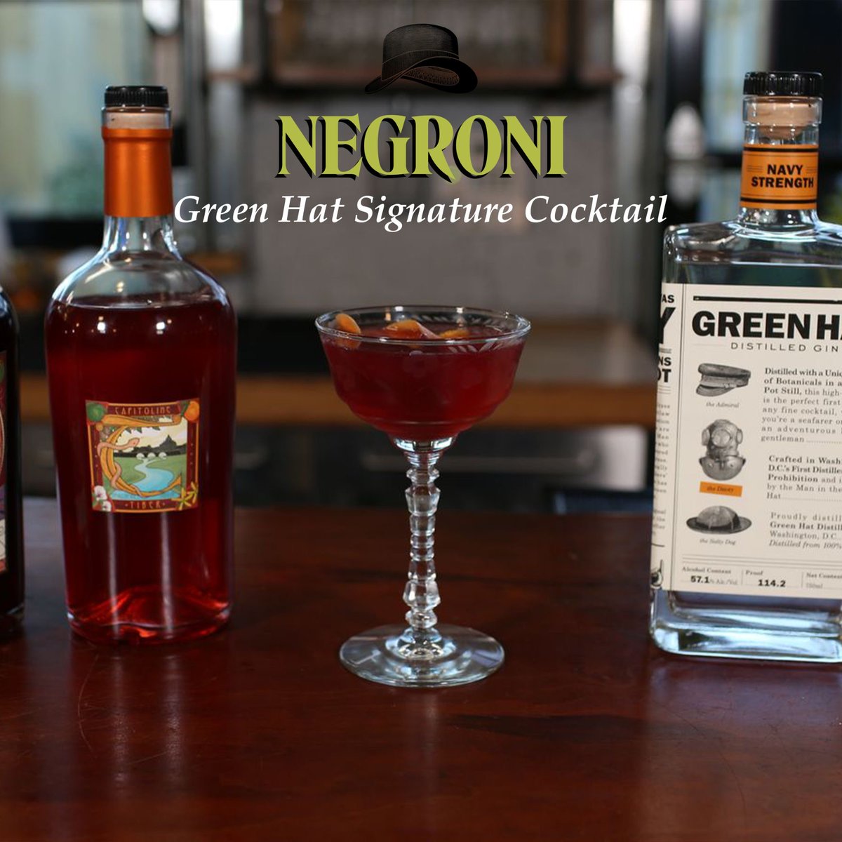 Crafted in 1919, try the classic Prohibition Negroni with the gin inspired by D.C.’s most infamous bootlegger, “The Man in the Green Hat.”

Ingredients:
1 oz Green Hat Navy Strength Gin
1 oz Sweet Vermouth
1 oz Bitter Aperitivo

Find Green Hat Gin at greenhatgin.com/findgreenhat.