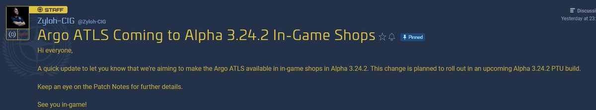 Parece que el ATLS va a llegar en la 3.24.2 para ser comprado IN GAME, en las tiendas: 
<a href="/RobertsSpaceInd/">Star Citizen</a> #StarCitizen
