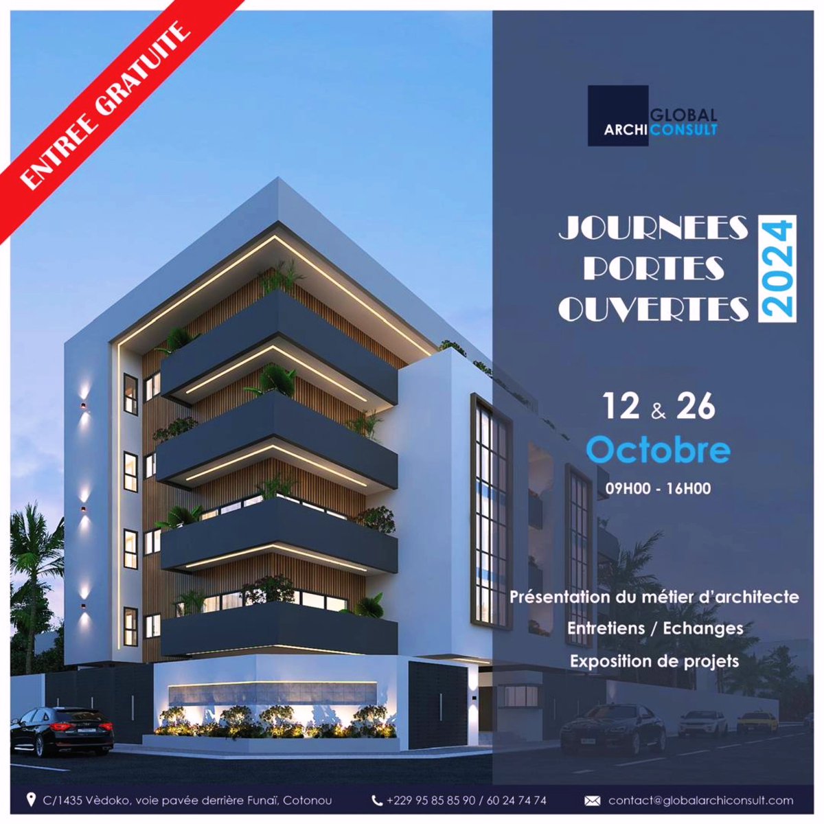 Venez échanger avec nous demain dans nos espaces extérieurs ✌🏾
JOURNÉES PORTES OUVERTES chez <a href="/GArchiconsult/">Global Archiconsult</a>

Venez découvrir le métier et les débouchés du métier d'architecte les 12 &amp; 26 Octobre durant les journées portes ouvertes que nous organisons. #JPOGA2024
ENTREE GRATUITE !