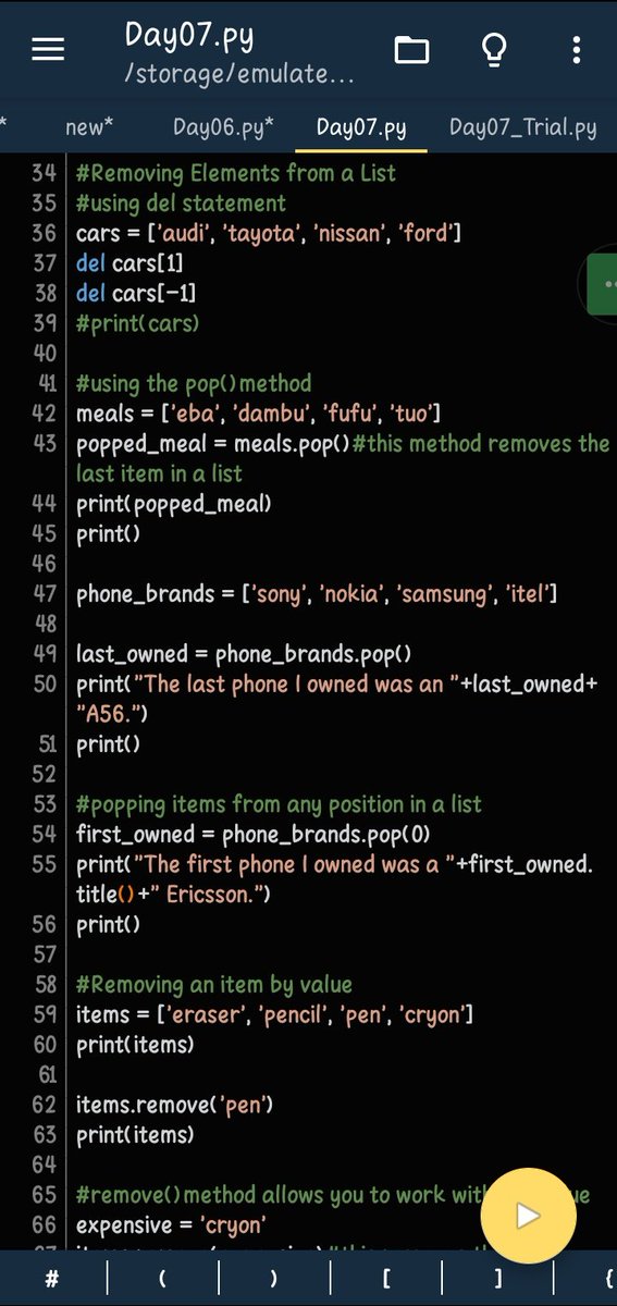tee_sec's tweet photo. Day07 of #100DaysofPythonCoding
๐I continued with lists. Learnt how to modify a list
๐Learnt some methods like append(), insert(), pop() etc
๐Also learnt how to use the del statement to remove an item from a list
@allenharper https://t.co/tX2Fzlv6t4