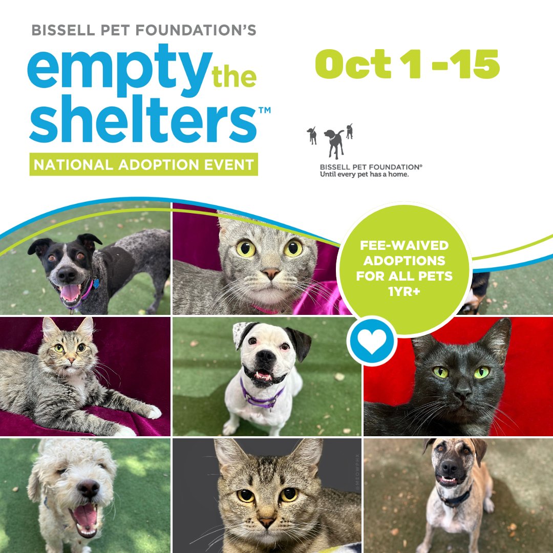 Don’t forget to stop by and help Empty the Shelters this weekend! Now through Tuesday, October 15, we're partnering up with <a href="/BISSELLPets/">BISSELL Pet Foundation 🐶🐱</a> for waived adoption fees on all pets ages 1 year and older. This means you could take your new best friend home for FREE!