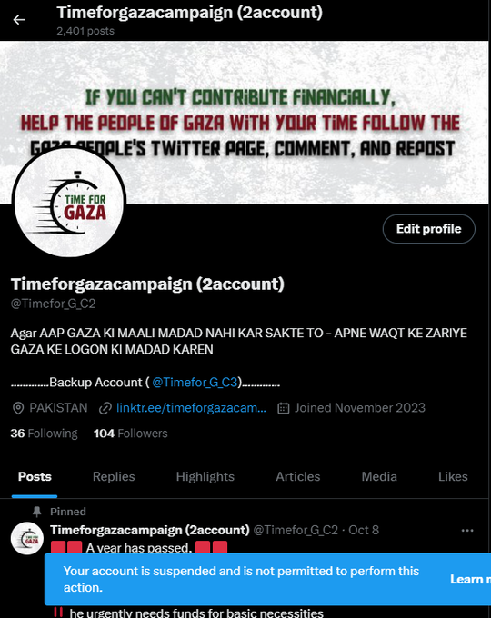 Timeforgaza__'s tweet image. 🔴The official Twitter account (2⃣account) for the          
        &quot;Time for Gaza&quot; campaign has been suspended

    Hasbunallahu Wa Ni&apos;mal Wakeel