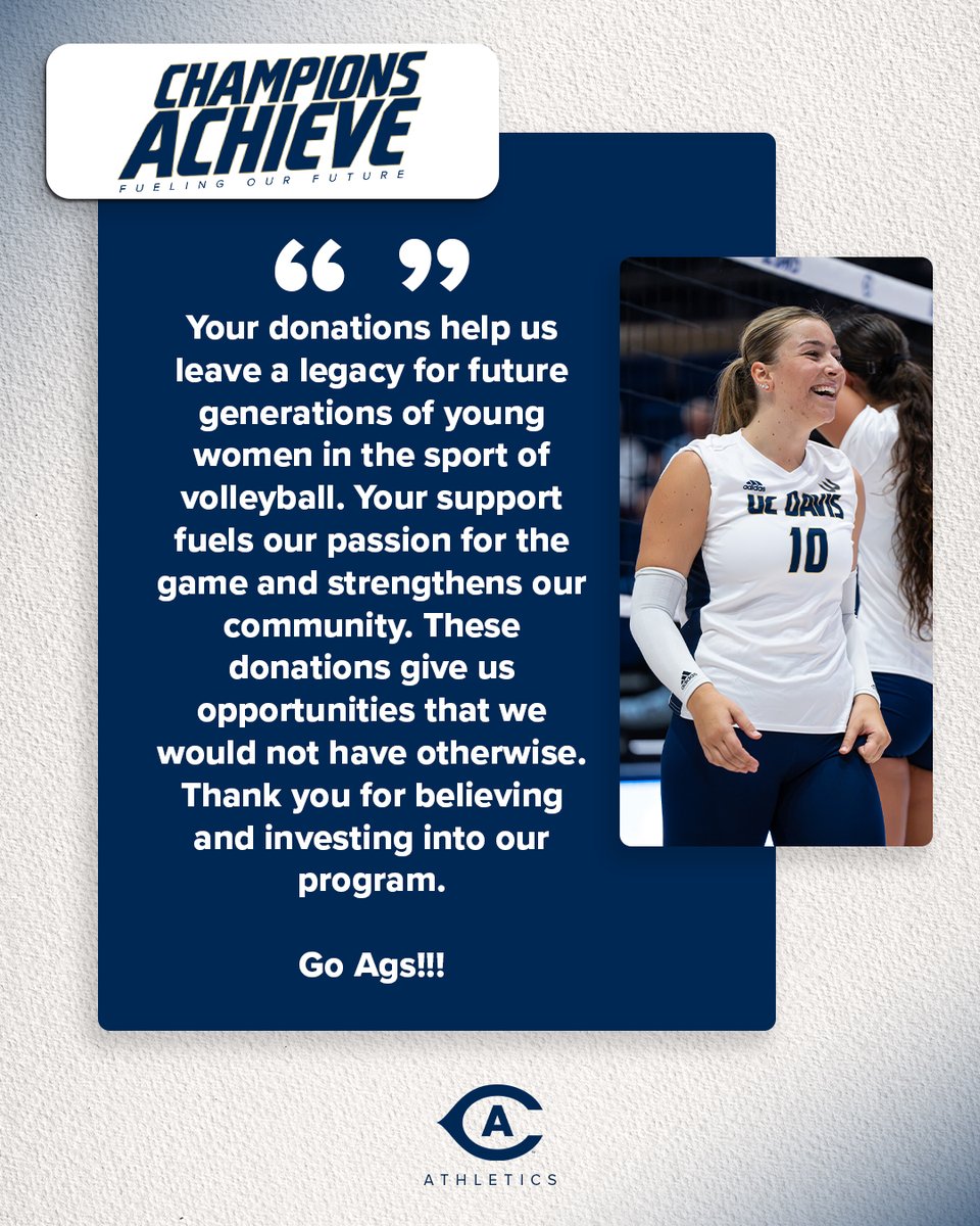 ucdaviswvb's tweet photo. Words from Allie Caldwell on how much Champions Achieve means to her and the team 💙

Head to https://t.co/qBWapv95bU NOW to make an impact today!

#GoAgs https://t.co/fAQeNQkF0G