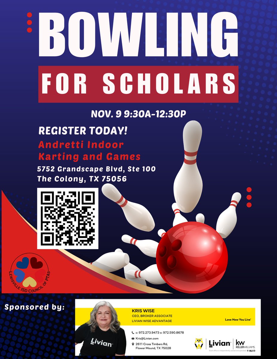 Bowling for Scholars is the Council of PTAs' only fundraiser—we are looking to sponsor 10 high-school LEF senior scholarships and we need your help!  Register online: forms.gle/XyuYkh28UpnDLg…

Many thanks to our generous event sponsor Kris Wise and Livian Wise Advantage Group!