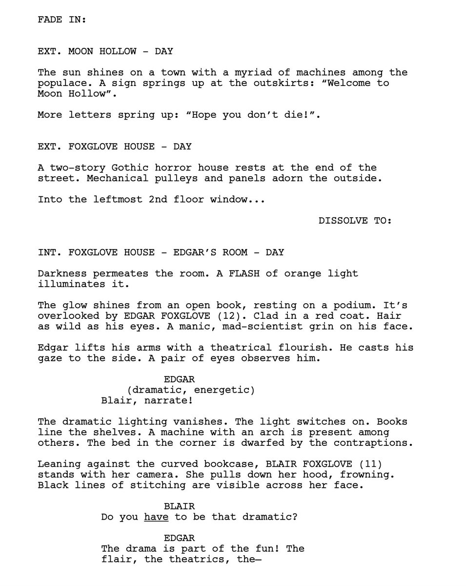 RavenStarMedia's tweet image. It's apparently #FirstPageFriday in the screenwriting community so thought I'd share the first page of one of my pilots I'm working on.😇🥼🎶🤖 #SpecScript #screenwriting