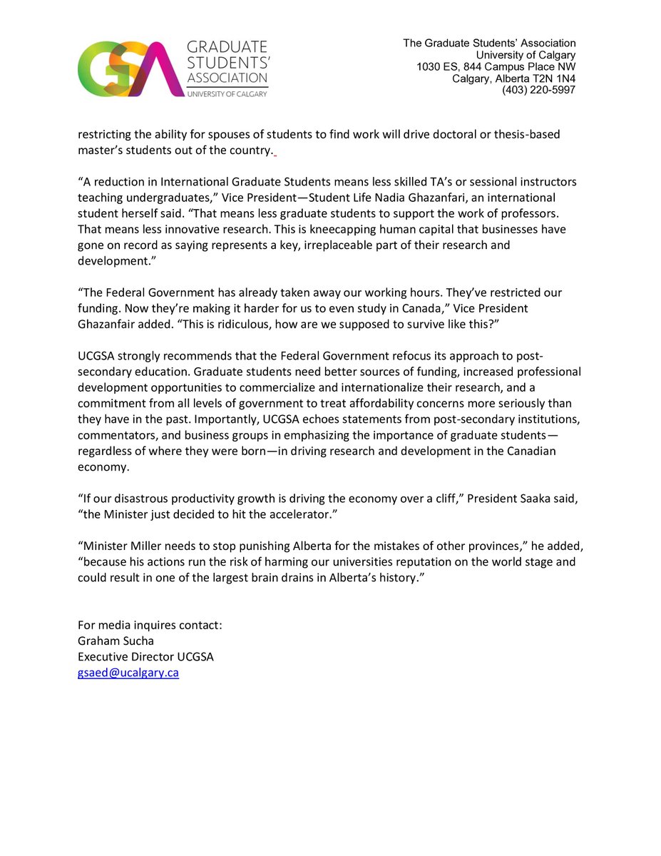 The UCGSA has responded to the recent IRCC rule changes that impact international students. We are disappointed by the Federal Government's aggressive rule changes and the impact it will have on the community. Read our full response here: gsa.ucalgary.ca/ucgsa-response…