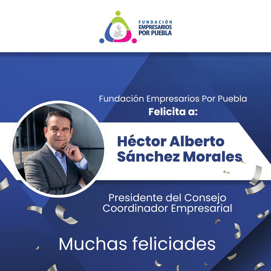 Fundación Empresarios Por Puebla (@feppuebla_) on Twitter photo Muchas felicidades a <a href="/HectorASanchezM/">Héctor A. Sánchez M</a> Presidente del Consejo Coordinador Empresarial hoy en su cumpleaños 🥳
Le deseamos un gran día en compañía de sus seres queridos! Muchas felicidades a <a href="/HectorASanchezM/">Héctor A. Sánchez M</a> Presidente del Consejo Coordinador Empresarial hoy en su cumpleaños 🥳
Le deseamos un gran día en compañía de sus seres queridos!