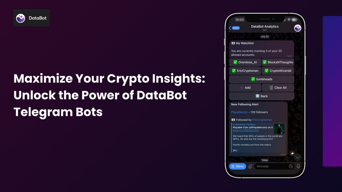 Mizter_AB's tweet image. 🧵 Stay Ahead with @databot_xyz Telegram Bots!

Stay on top of the market with @databot_xyz Telegram bots. Track key followings, get custom alerts, and never miss an alpha opportunity again! 🚀

1/7

#DataBot #Bot #AI