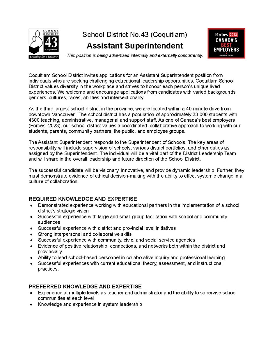 sd43bc's tweet photo. 💡SD43 is seeking a dedicated and visionary educational leader to fill the role of Assistant Superintendent.

🙌As one of the largest and most diverse districts in BC, we value innovation, collaboration, and a commitment to equity in education. https://t.co/7RybIL89Tx
