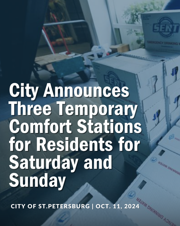 3 COMFORT AND CHARGING STATIONS ACTIVATED TOMORROW AND SUNDAY 12-6pm

- Frank Pierce Recreation Center, 2000 7th St. S
- Childs Park Recreation Center, 4301 13th Ave. S
- Roberts Recreation Center, 1246 50th Ave. N

stpete.org/news_detail_T3…