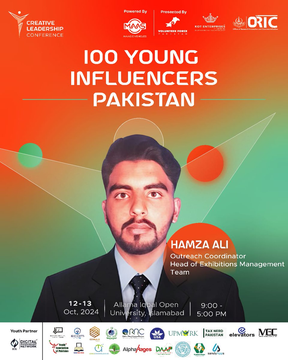 We are excited to introduce Hamza Ali, Outreach Coordinator and Head of the Exhibitions Management Team at the Creative Leadership Conference 2024! 🌟