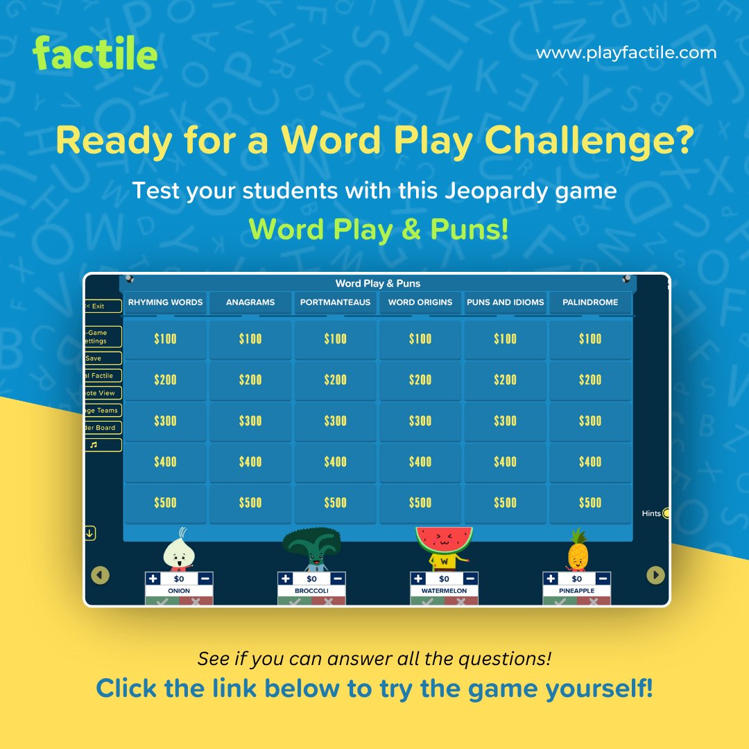 playfactile's tweet image. Ready to put your wordplay skills to the test? 🧠💡

Challenge your students with this fun Jeopardy-style game all about Word Play &amp;amp; Puns! 

👉 Visit playfactile.com/jeopardy-game/… 

#wordplay #educationalgames #englishlanguage #teachingresources #factile #jeopardy