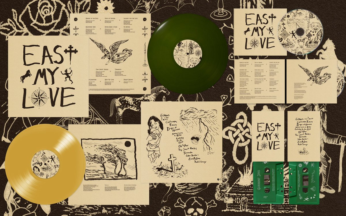 art direction &amp; design for current joys ‘east my love’ out today 🤎🪽🕯️ illustrations by llewellyn mejia